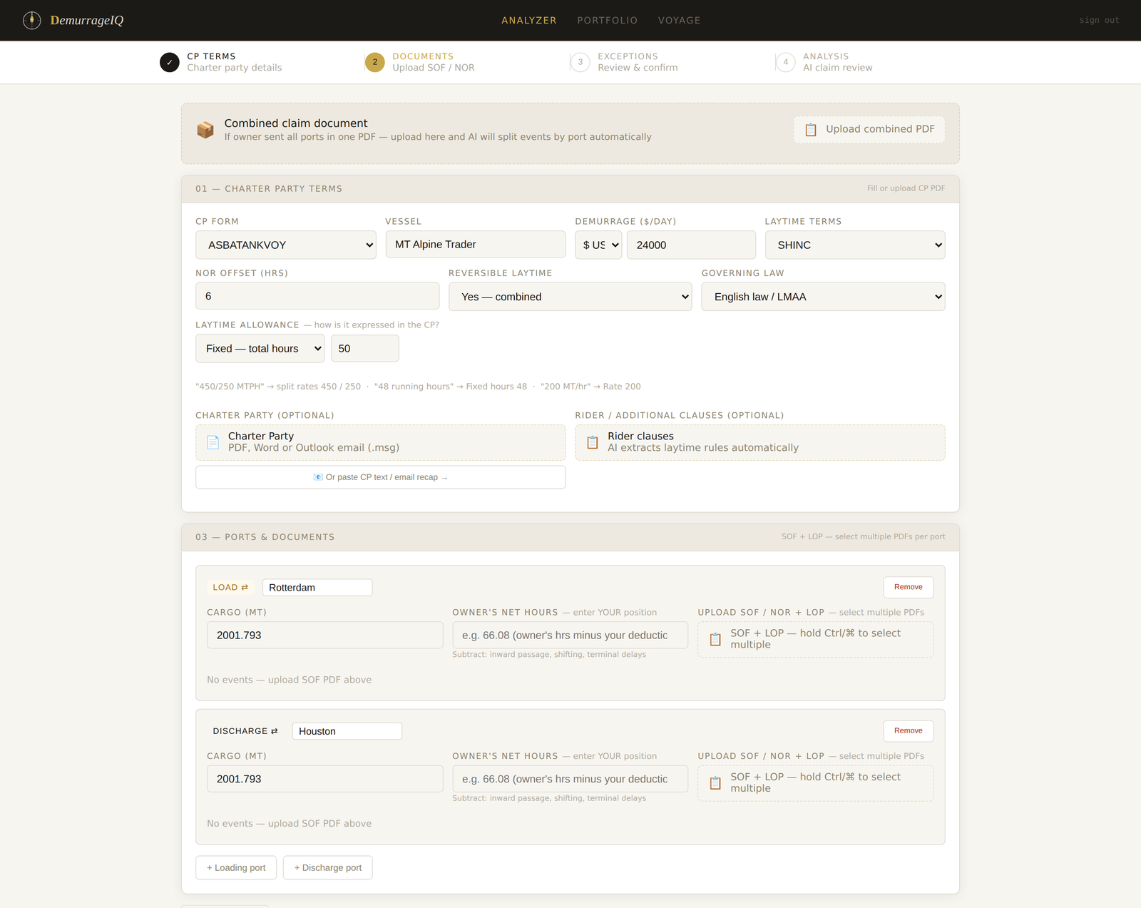 DemurrageIQ setup screen showing charter party terms, laytime allowance and load and discharge ports